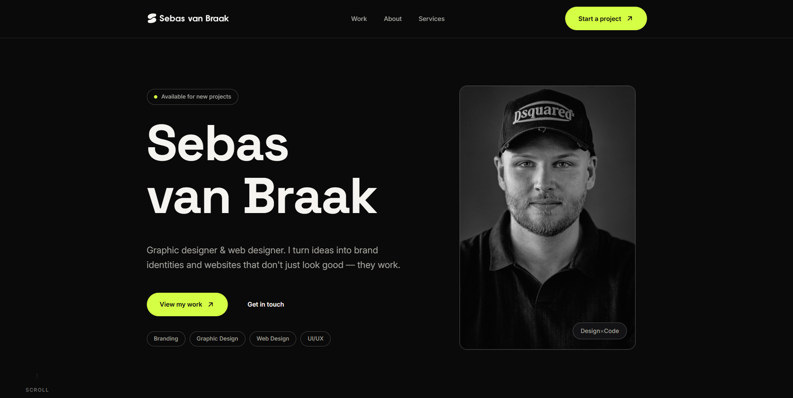 Homepage van sebasvanbraak.com, een portfolio website gebouwd door Nebra Studio