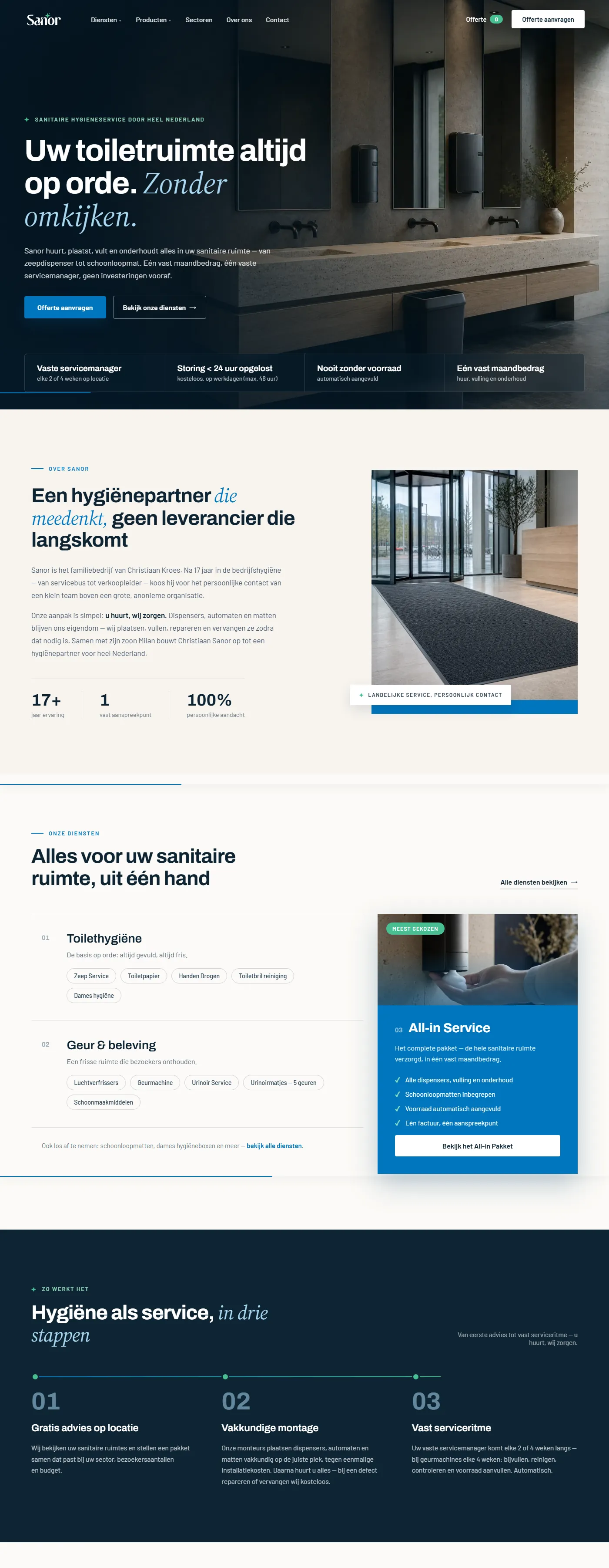 Website van Sanor, sanitaire hygiëneservice, gebouwd door Nebra Studio